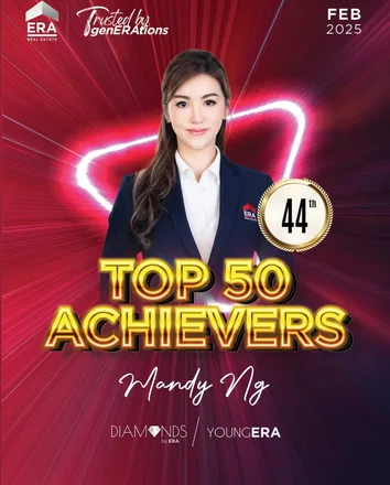 ERA Real Estate Top 50 Achievers award, February 2025, showing Mandy Ng in 44th position.