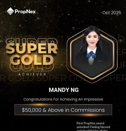 PropNex Super Gold Achiever award, October 2025, naming Mandy Ng for fifty thousand dollars and above in commissions.