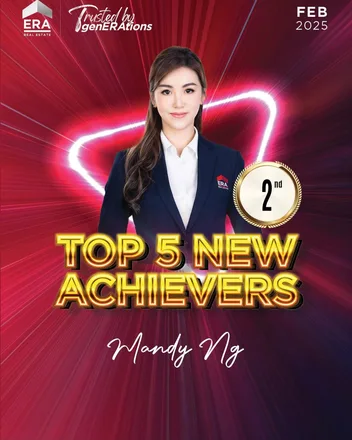ERA Real Estate Top 5 New Achievers award, February 2025, showing Mandy Ng in 2nd position.